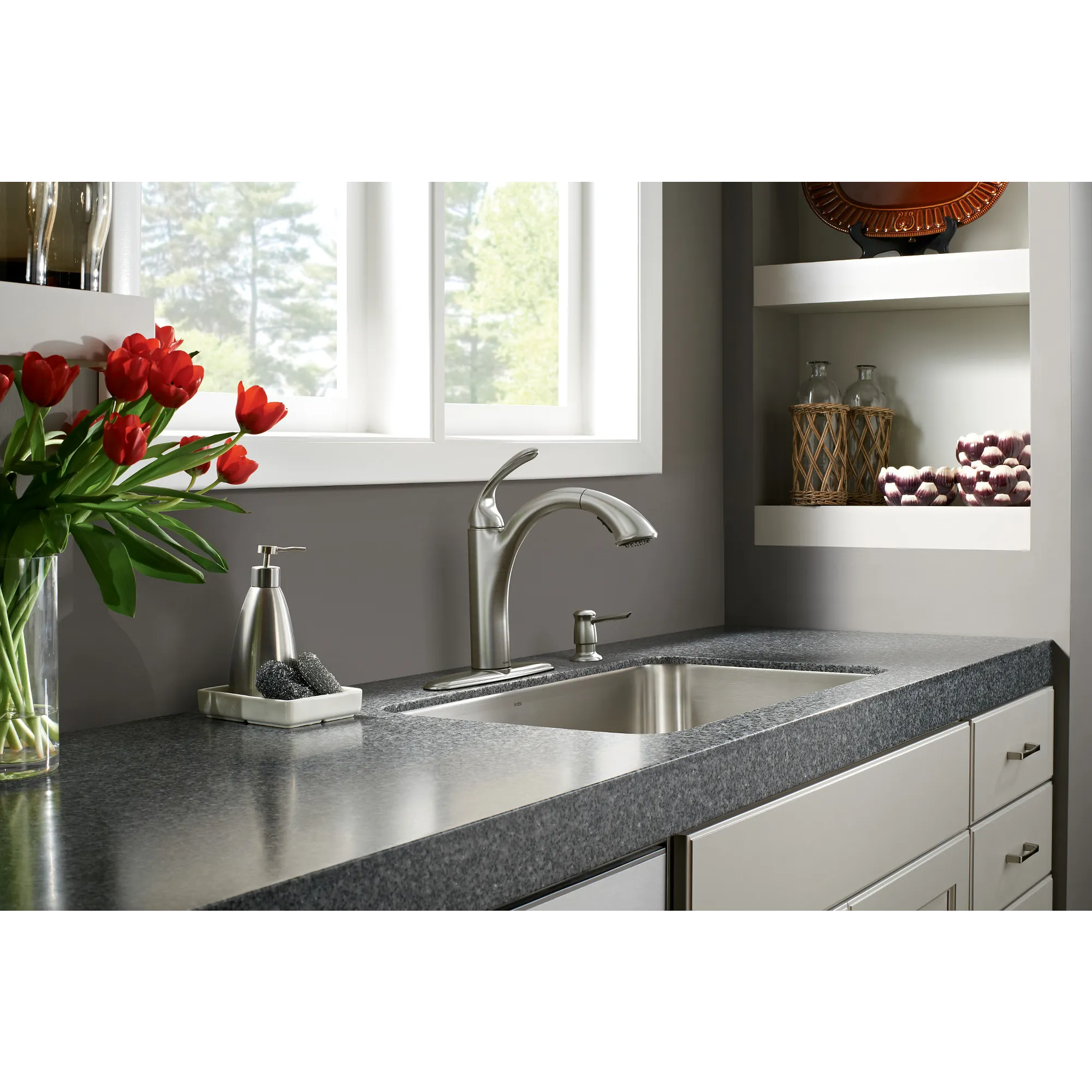 Kinzel Chrome one-handle low arc pullout kitchen faucet - Image 18