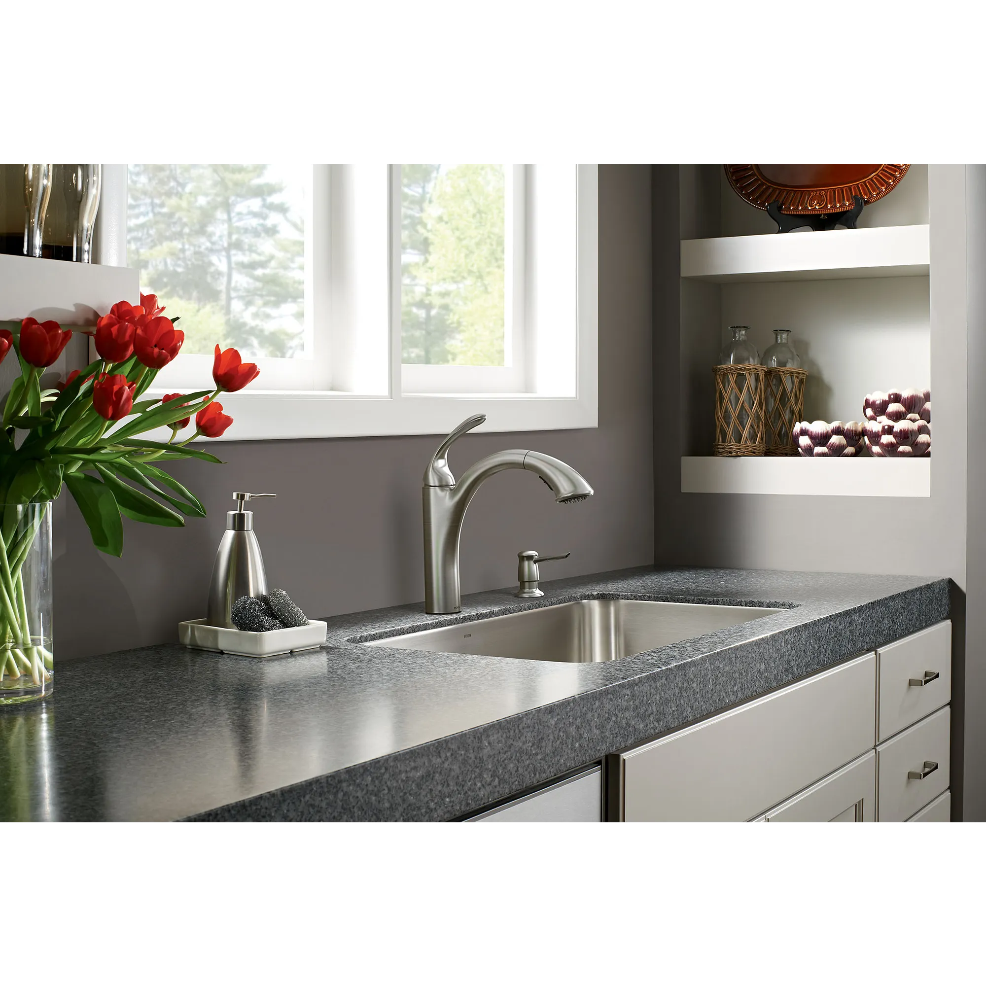 Kinzel Chrome one-handle low arc pullout kitchen faucet - Image 24