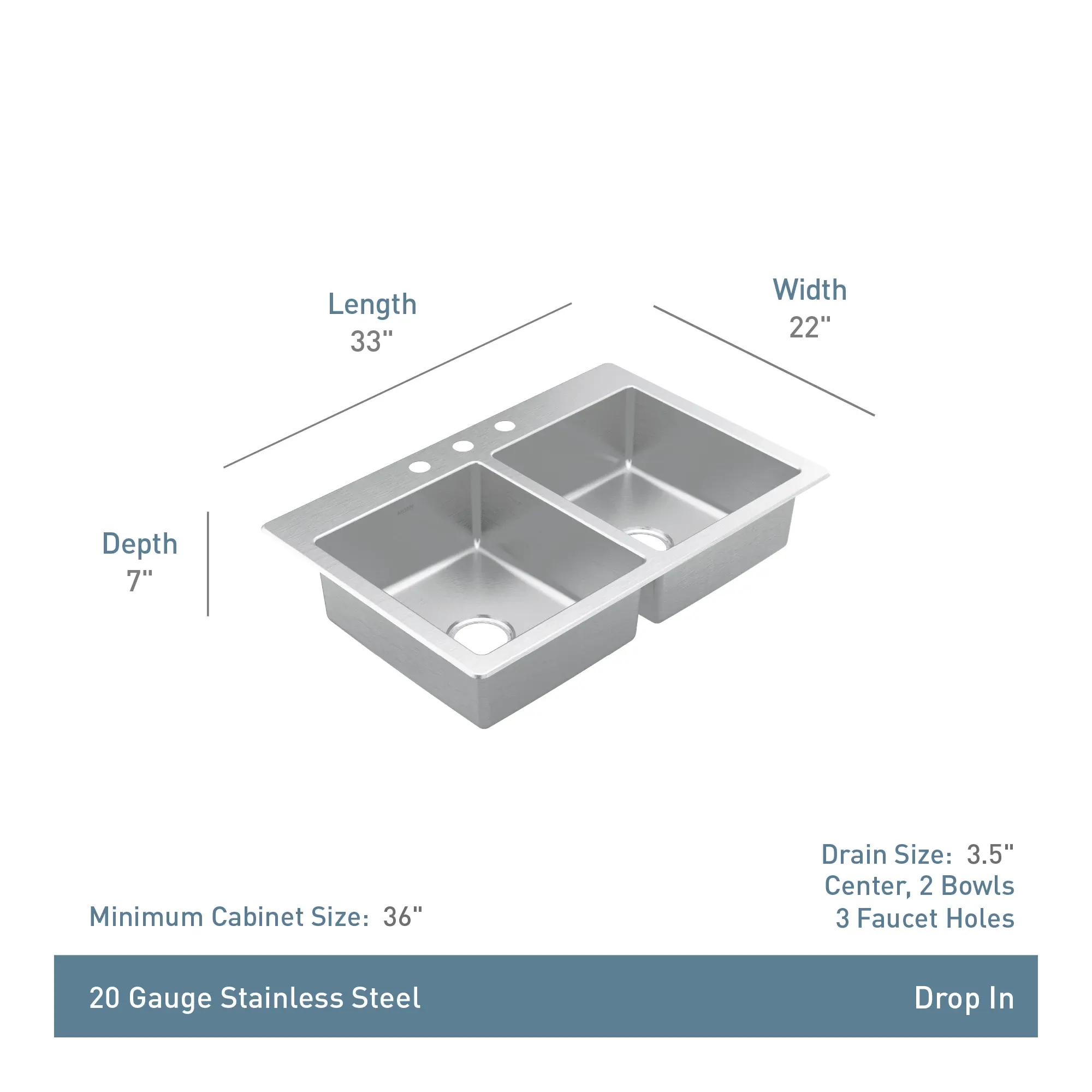 Prep 33" Stainless Steel Drop-in Double Bowl Sink - Image 5