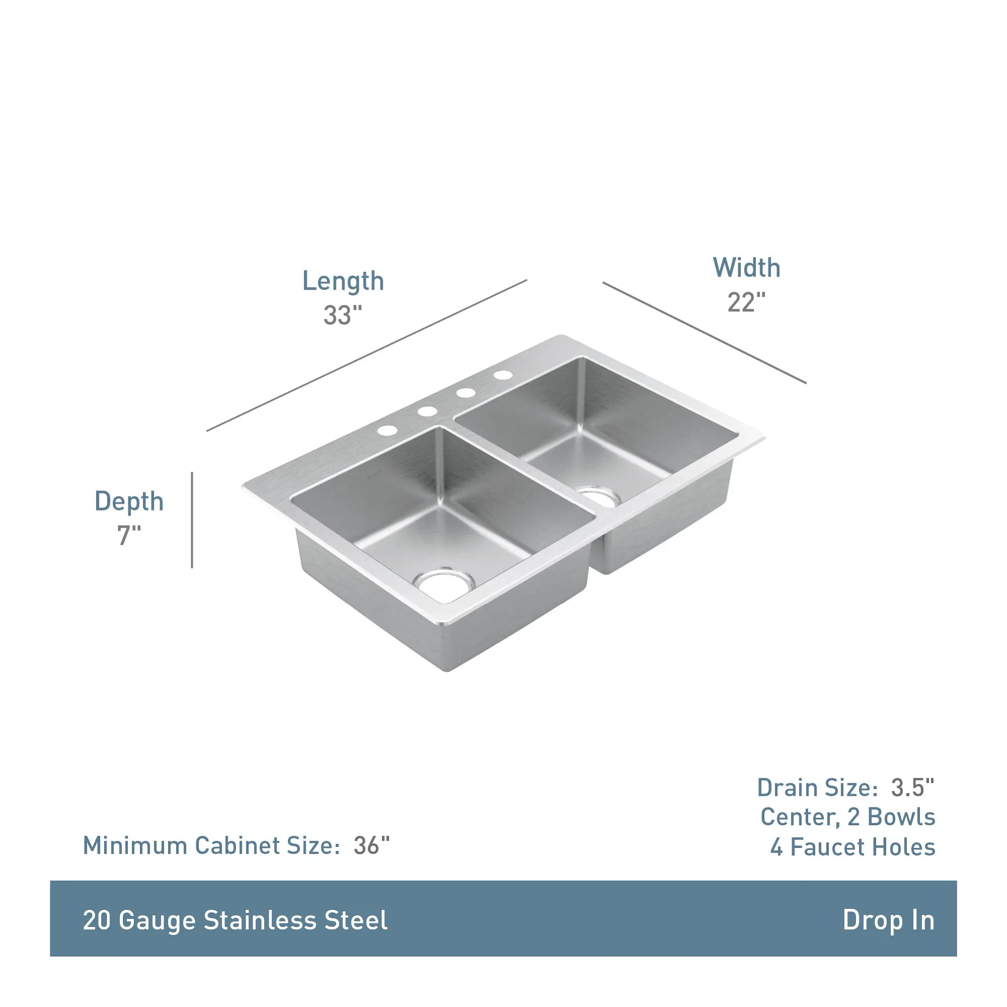 Prep 33" Stainless Steel Drop-in Double Bowl Sink - Image 5