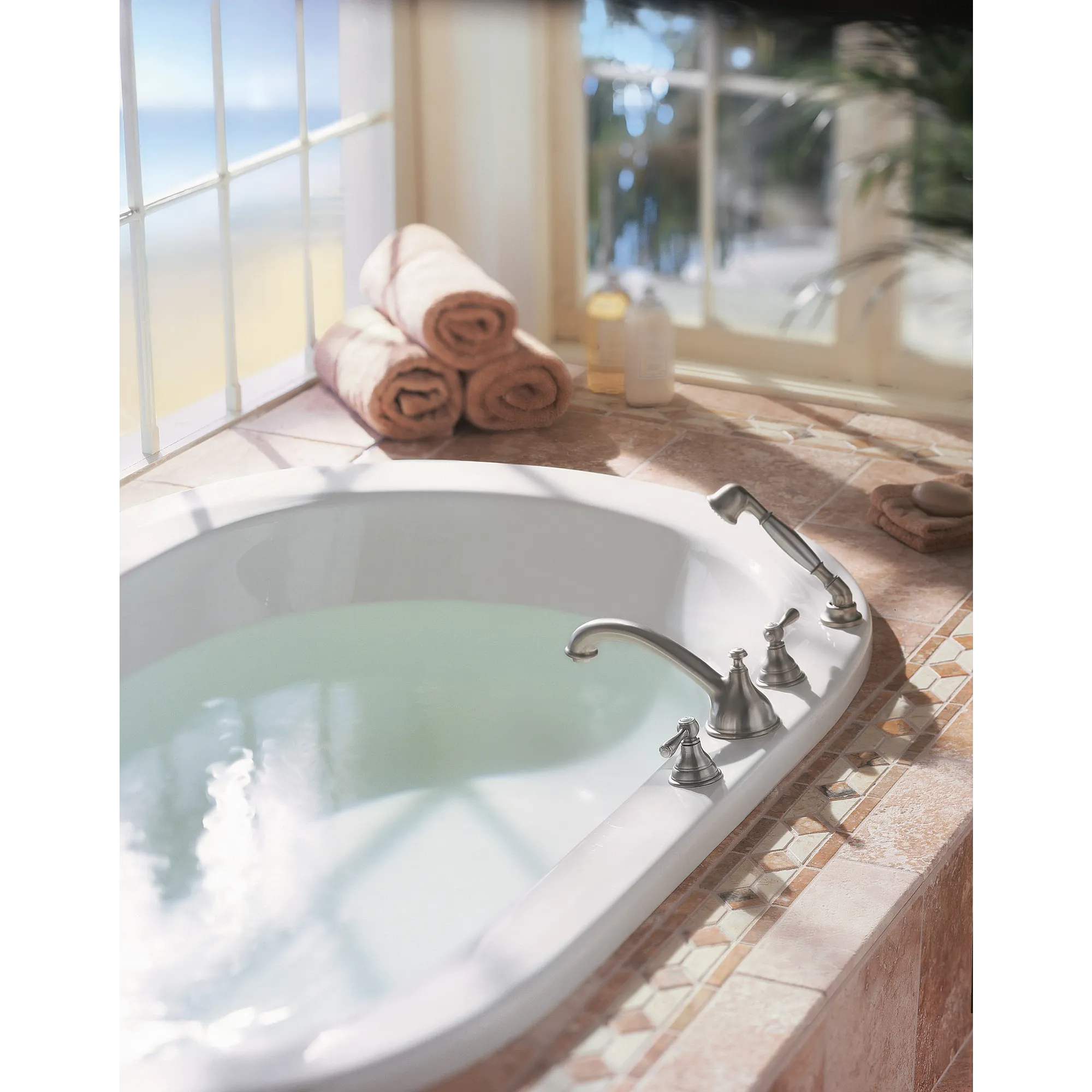 Kingsley Chrome two-handle low arc roman tub faucet includes hand shower - Image 2