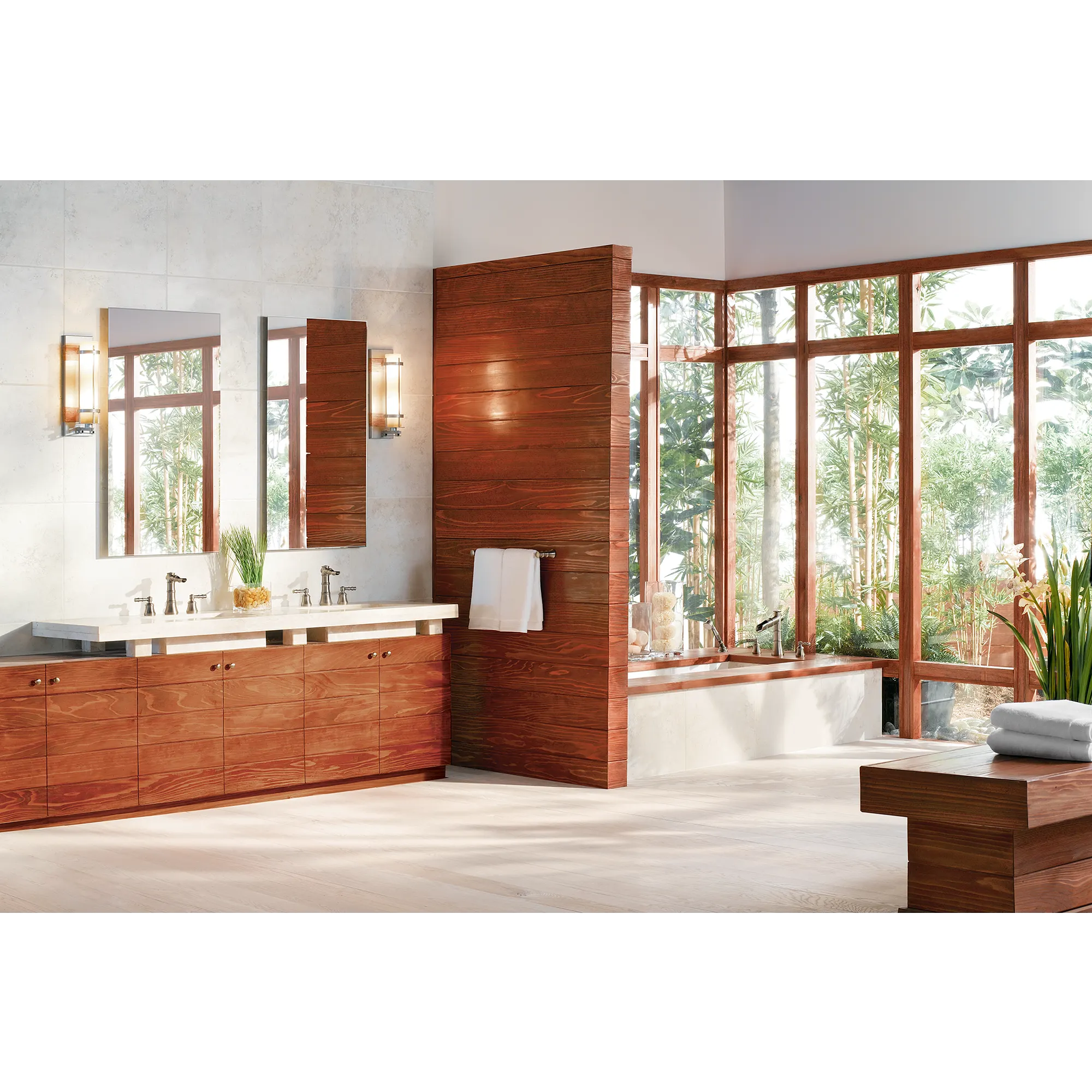Bamboo Brushed nickel two-handle open waterway roman tub faucet includes hand shower - Image 4