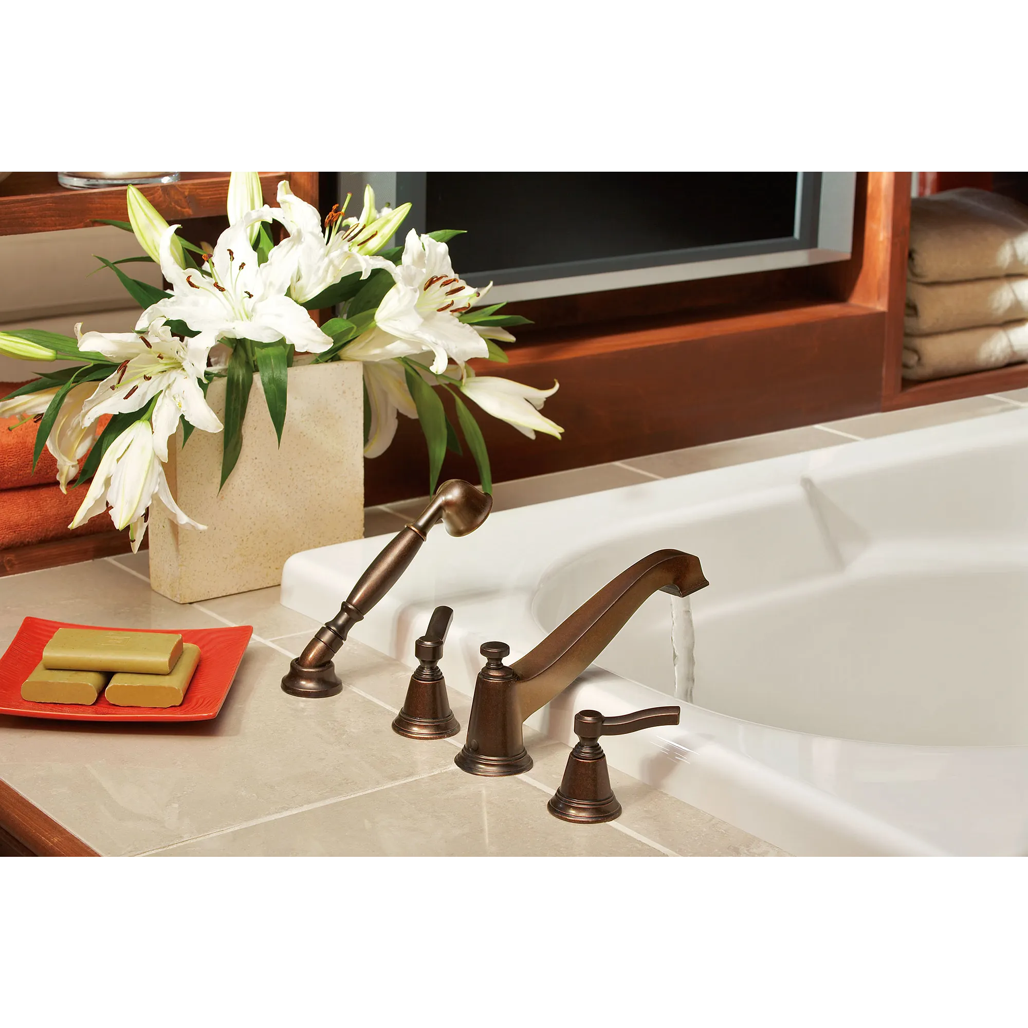 Rothbury Chrome Two-Handle Low Arc Roman Tub Faucet including Handheld Shower - Image 3