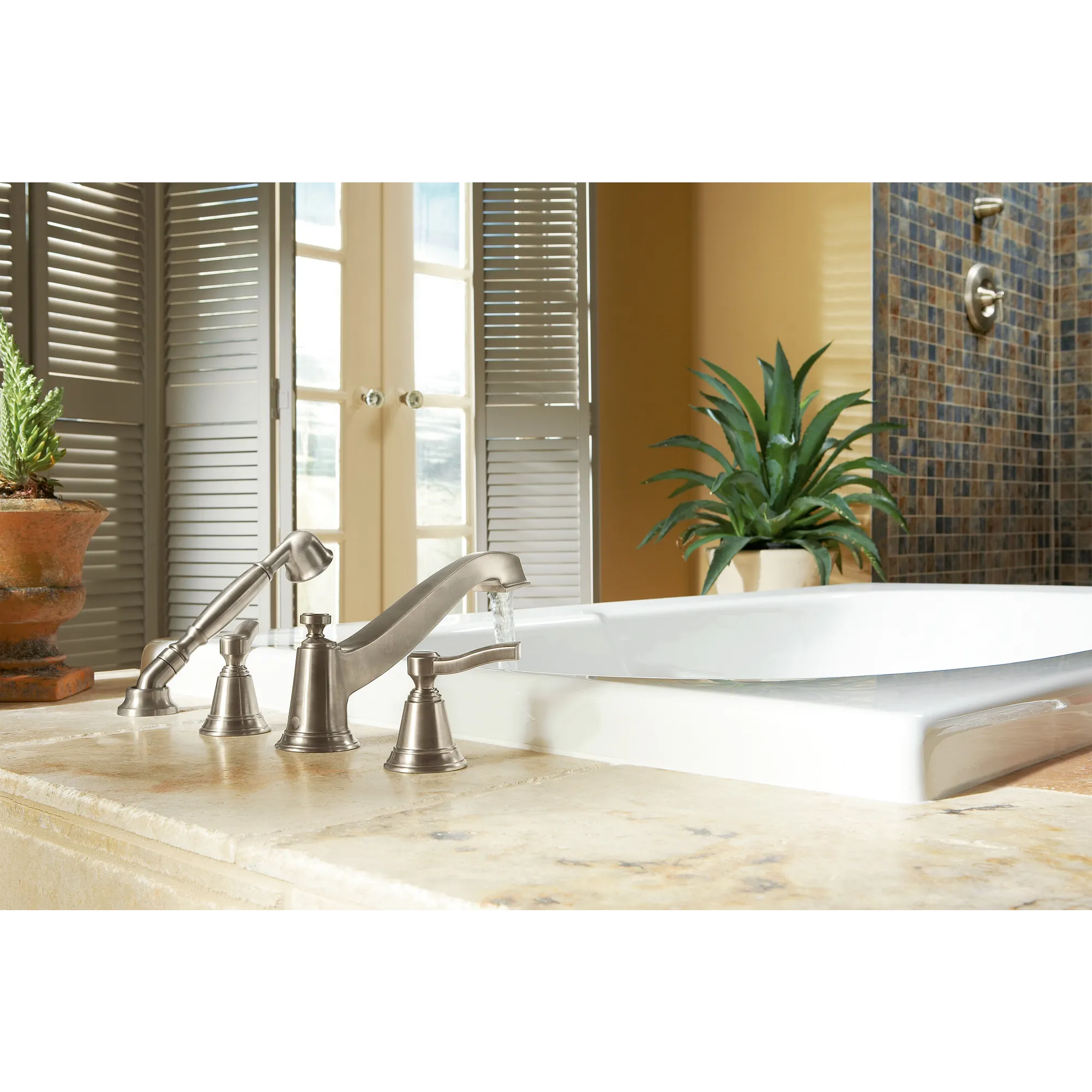 Rothbury Chrome Two-Handle Low Arc Roman Tub Faucet including Handheld Shower - Image 8