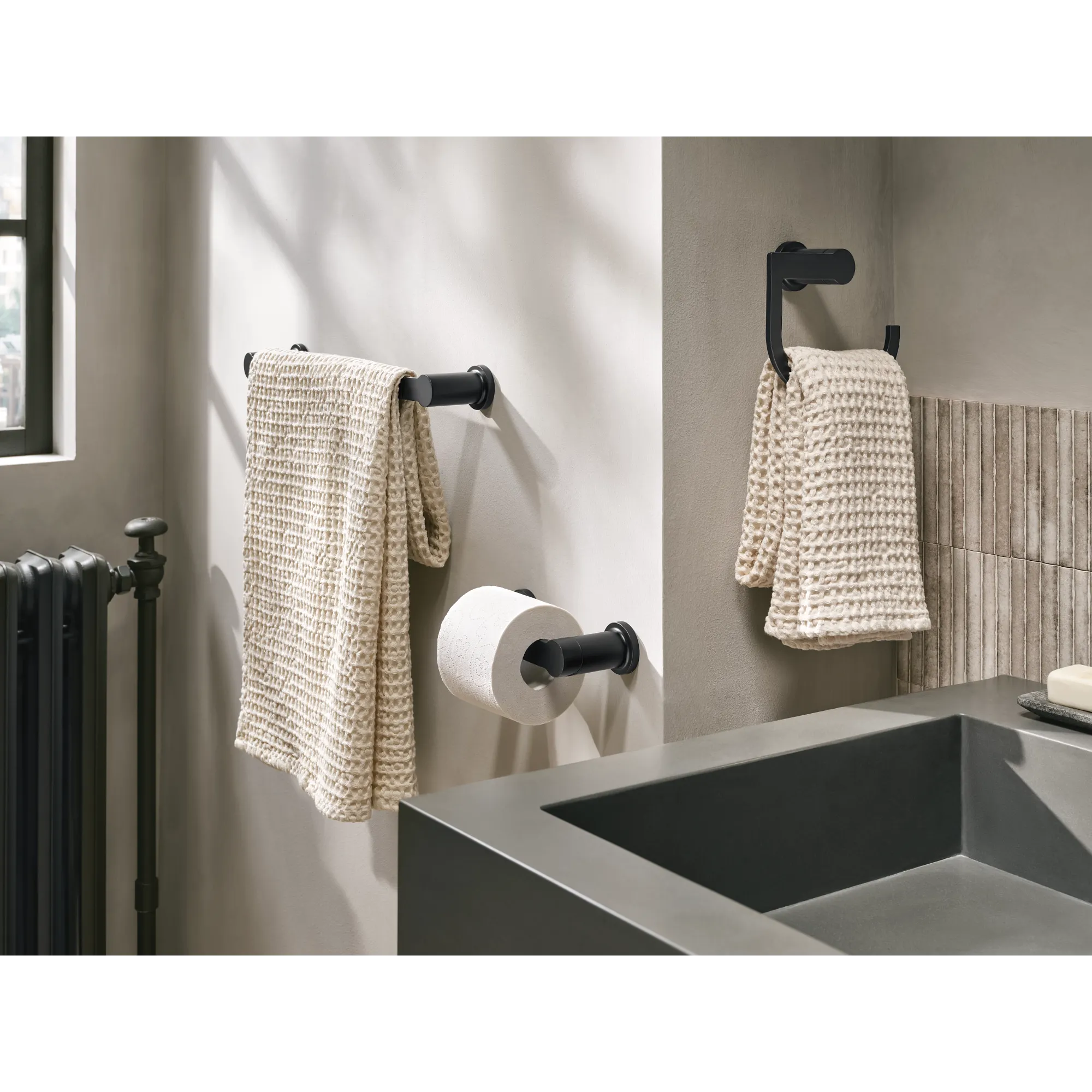Rinza Matte black pivoting paper holder towel bar towel ring - Image 2